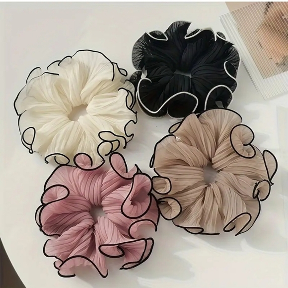Elegant chiffon scrunchies Black, White, Pink, and Tan Hair Scrunchies Set - Picture 1 of 8